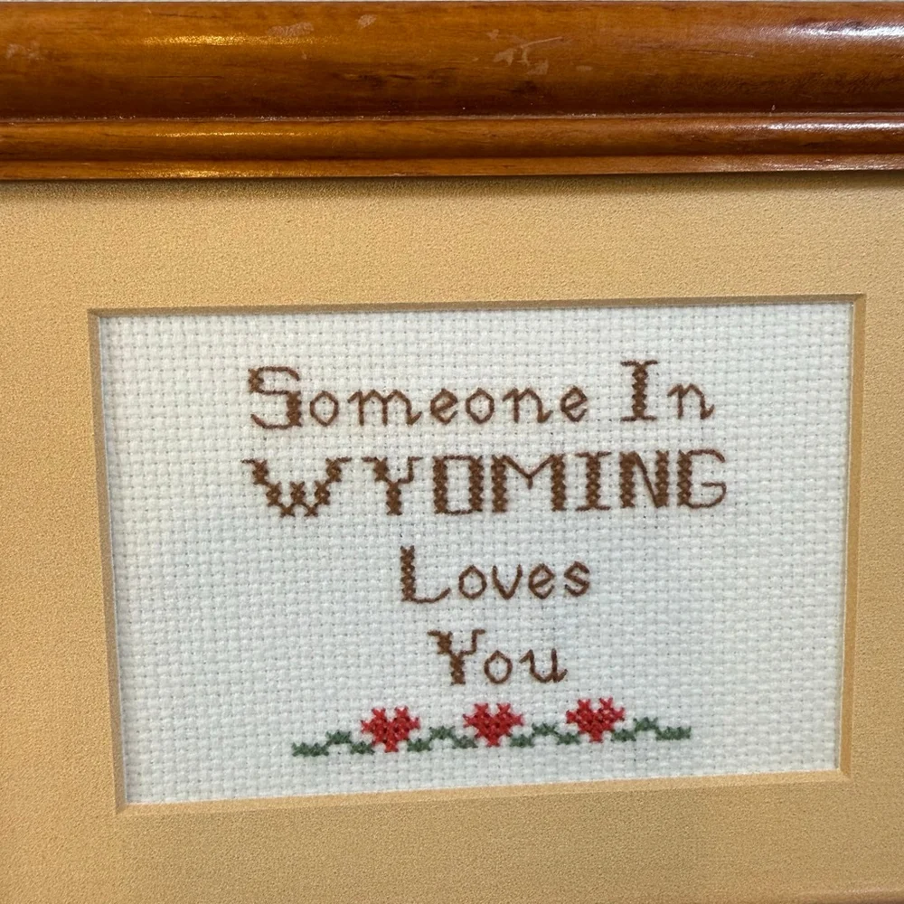 Framed Handmade counted x stitch “someone in WY Loves You” grandmacore